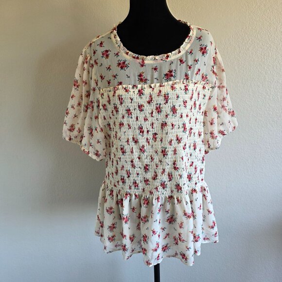 TORRID Floral Chiffon Ruffle Neck Smocked Crop Top Blouse Lined Plus Size 2 2X - Picture 1 of 7
